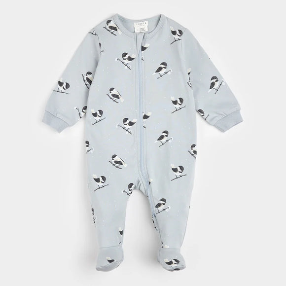 Petit Lem Sleeper Chickadee Print on Pearl Blue