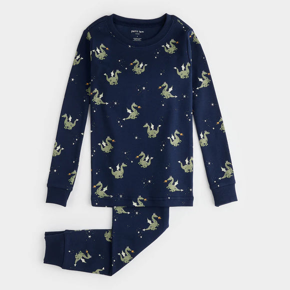 Petit Lem 2pc Pajama Set Fire-Breathing Dragon on Navy