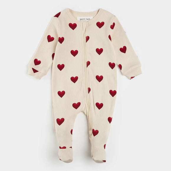 Petit Lem Rib Heart Print Footed Sleeper